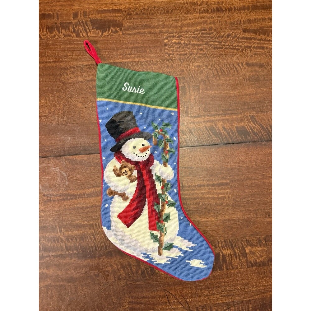 Vintage Needlepoint Christmas Stocking Snowman With Bear—SUSIE